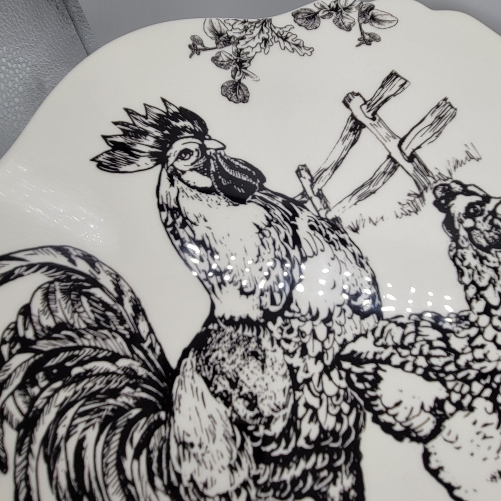 Barnyard Toile Cake Stand Plate Andrea by Sadek 13" Diameter Rooster Goose Hen - Picture 10 of 12